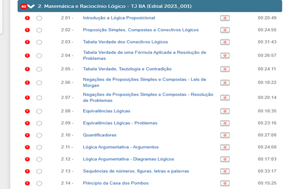 imagem da tela do ambiente virtual de aprendizagem do Aprova Concursos, com a lista das aulas organizadas