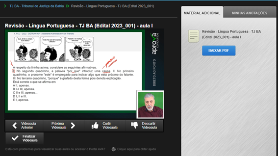 imagem da tela do ambiente virtual de aprendizagem do Aprova Concursos, com um exemplo do palayer das videoaulas